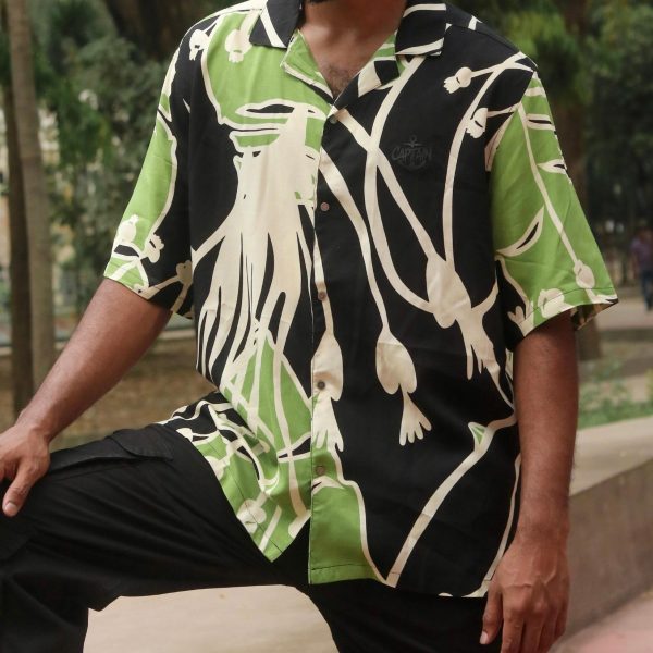Cuban Collar Baggy Shirt (Green Vine leaves)