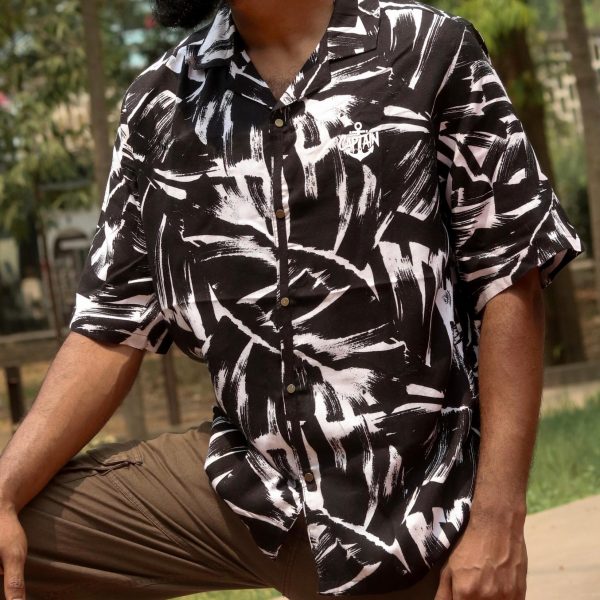 Cuban Collar Baggy Shirt (Black leaves)