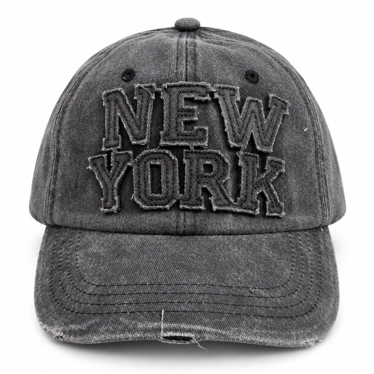 New York Lettering Distressed Baseball Cap - Charcoal / Black Lettering