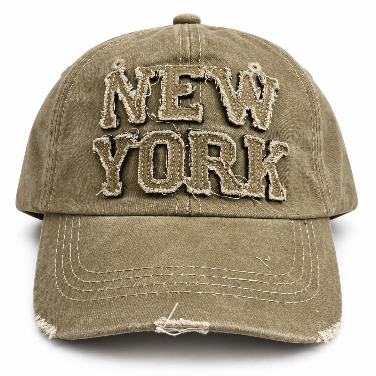 New York Lettering Distressed Baseball Cap - Khaki
