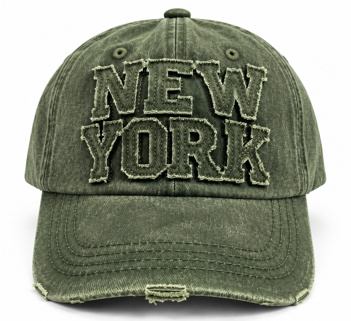 New York Lettering Distressed Baseball Cap - Olive Green
