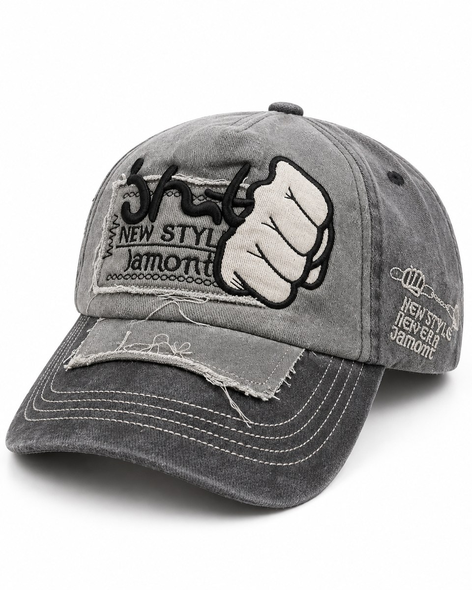 Fist Patch Distressed Baseball Cap - Grey / Charcoal