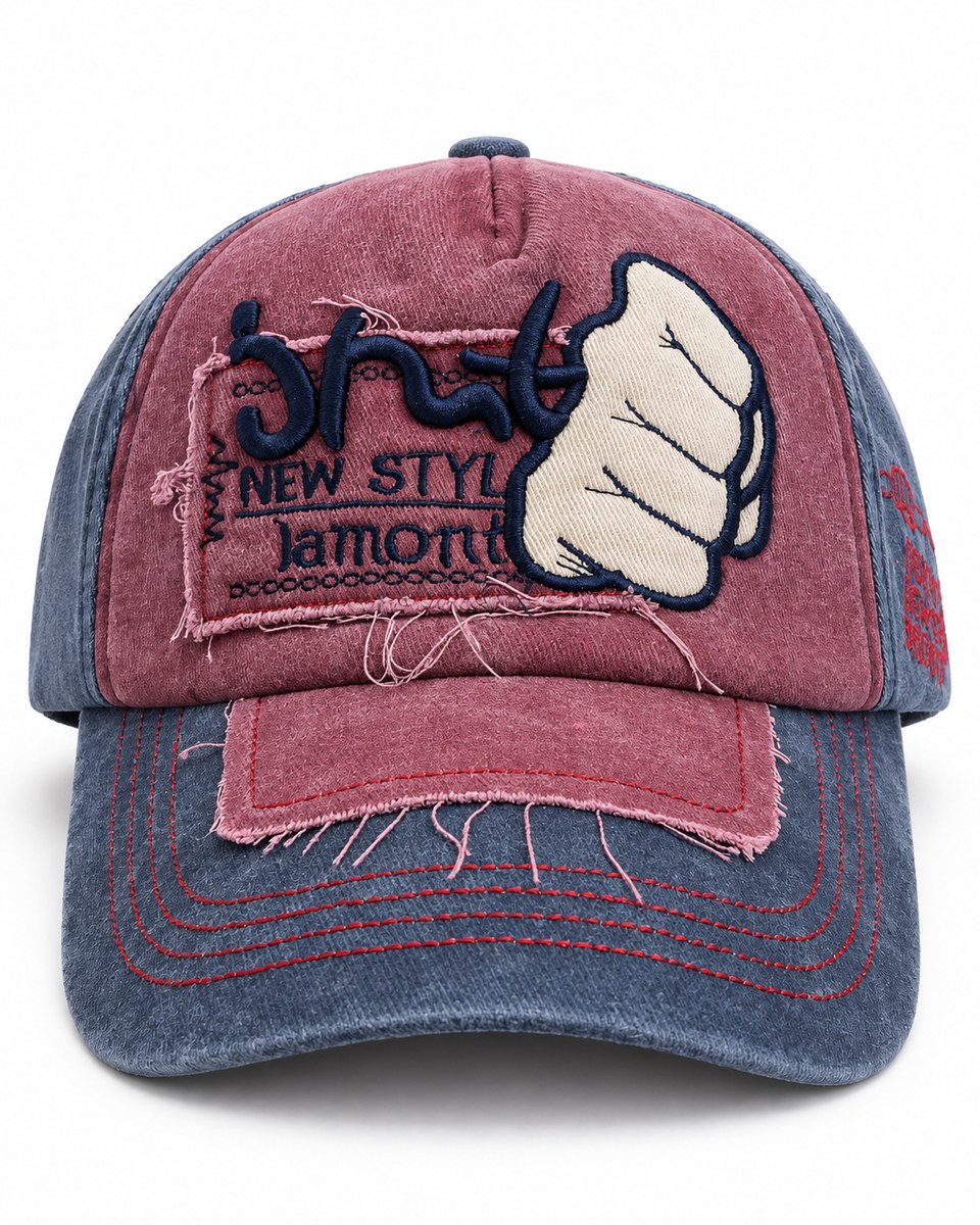 Fist Patch Distressed Baseball Cap - Burgundy / Navy