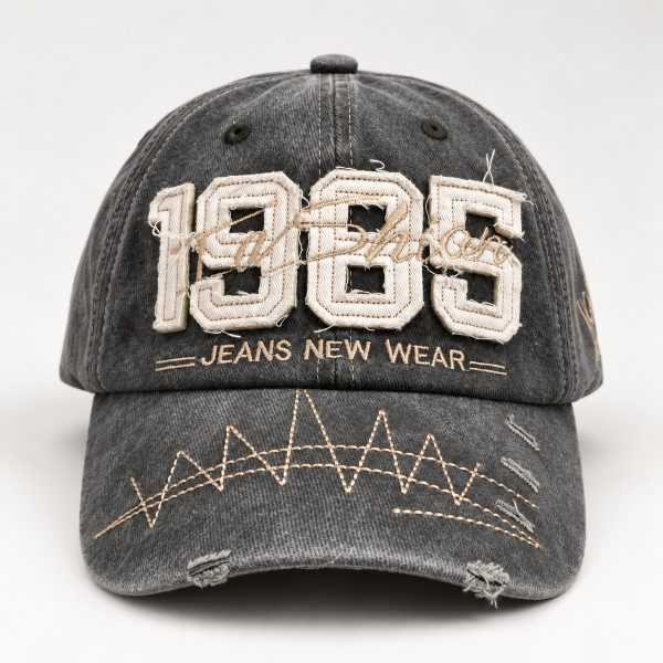 1985 Applique Distressed Baseball Cap - Charcoal / Cream Lettering