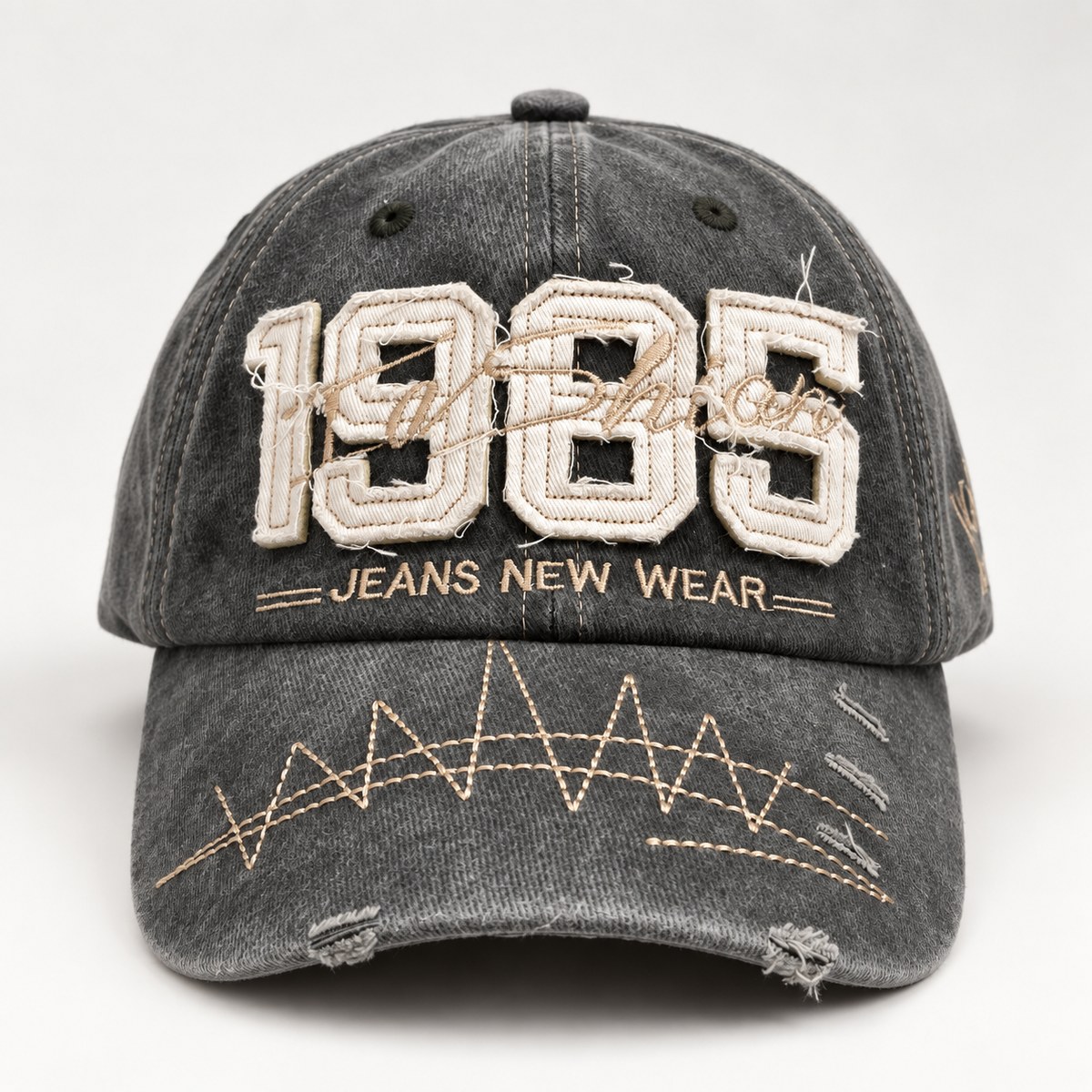 1985 Applique Distressed Baseball Cap - Charcoal / Cream Lettering