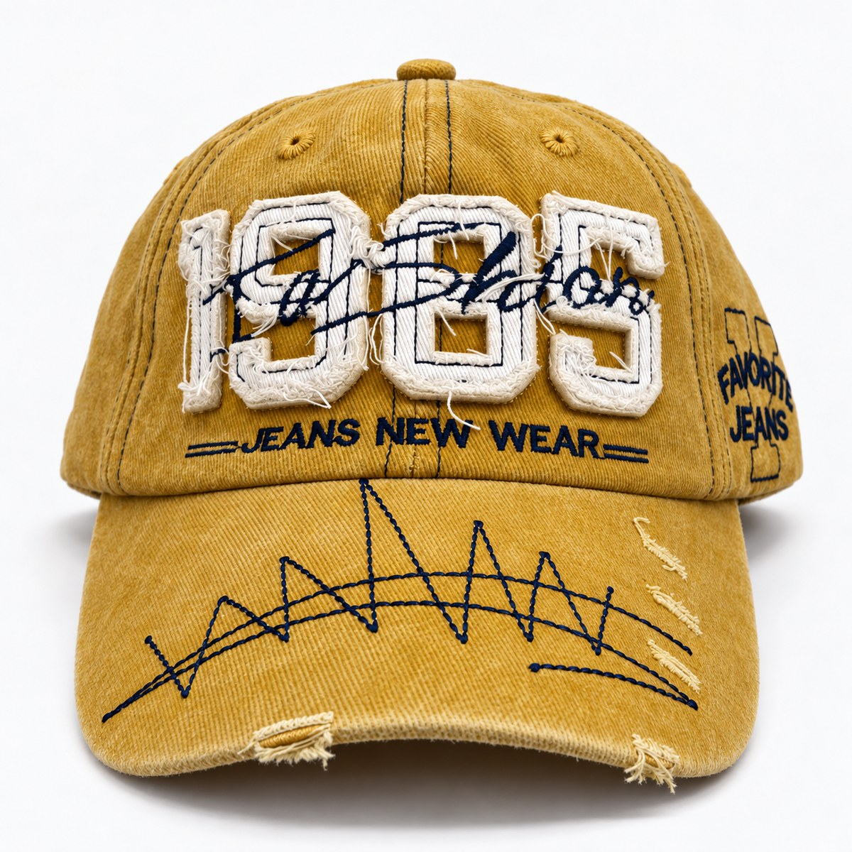 1985 Applique Distressed Baseball Cap - Mustard Yellow