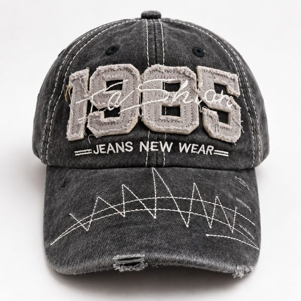 1985 Applique Distressed Baseball Cap - Black / Taupe Lettering