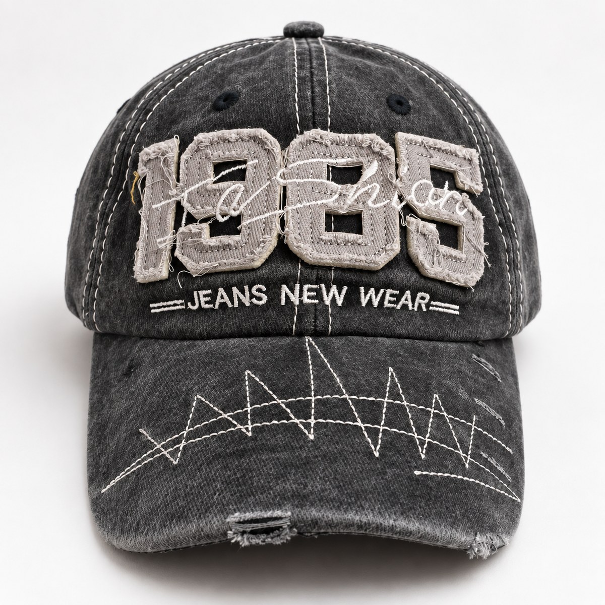 1985 Applique Distressed Baseball Cap - Black / Taupe Lettering