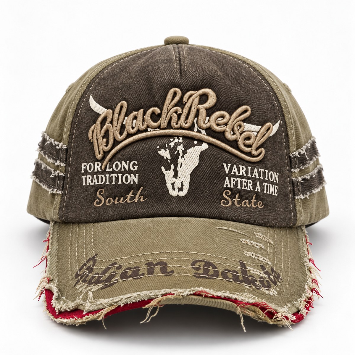 Black Rebel Distressed Graphic Baseball Cap - Brown / Khaki