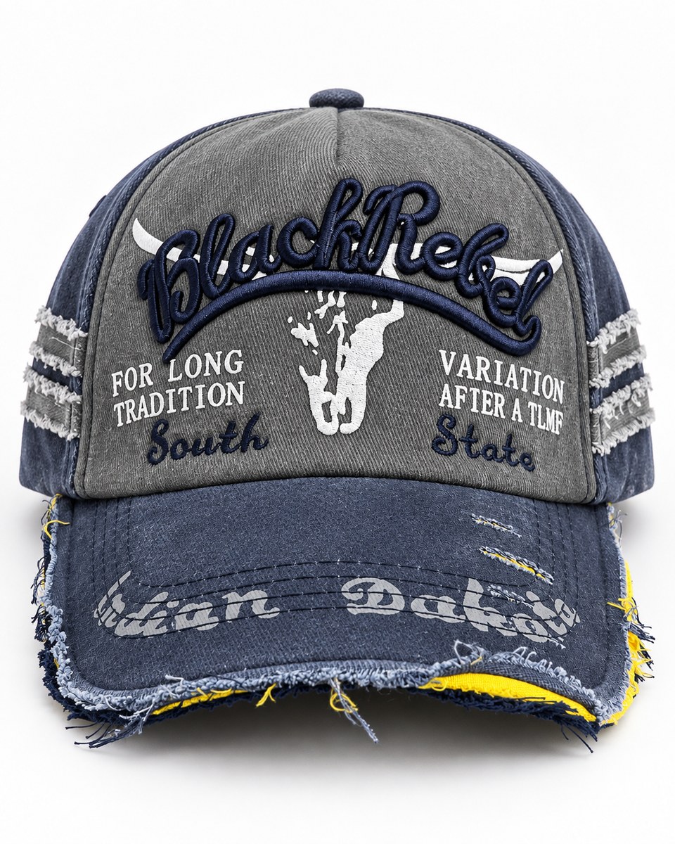 Black Rebel Distressed Graphic Baseball Cap - Grey / Navy