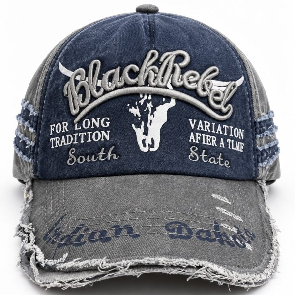 Black Rebel Distressed Graphic Baseball Cap - Navy / Grey