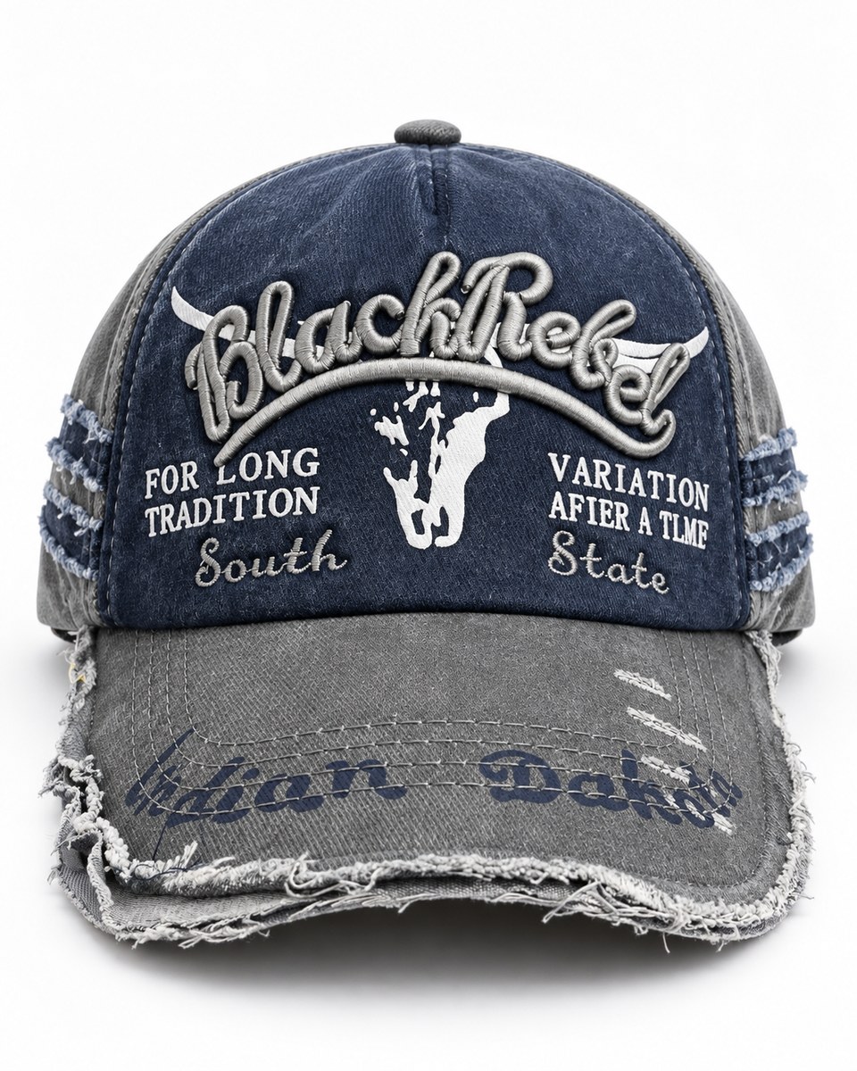 Black Rebel Distressed Graphic Baseball Cap - Navy / Grey