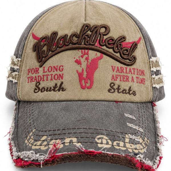 Black Rebel Distressed Graphic Baseball Cap - Khaki / Charcoal
