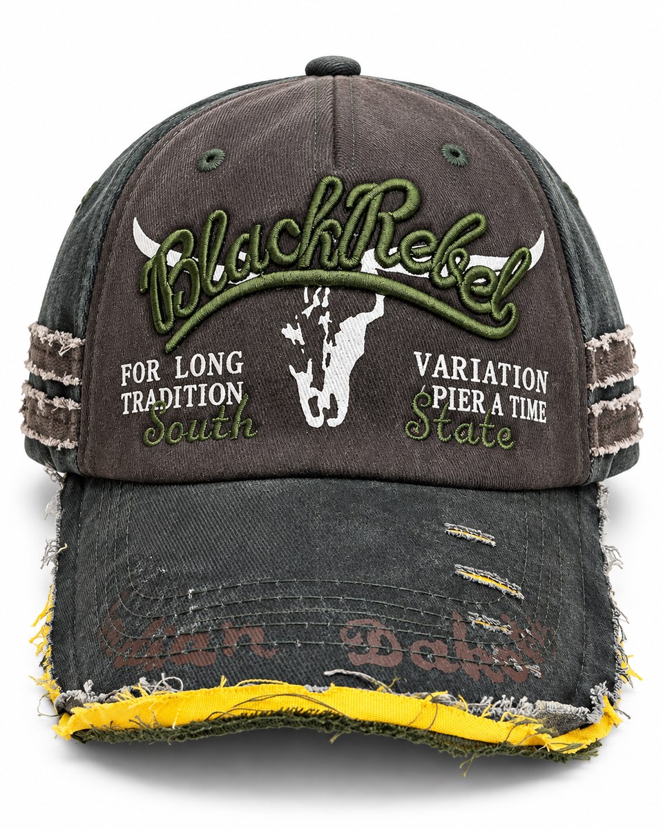 Black Rebel Distressed Graphic Baseball Cap - Brown / Dark Green