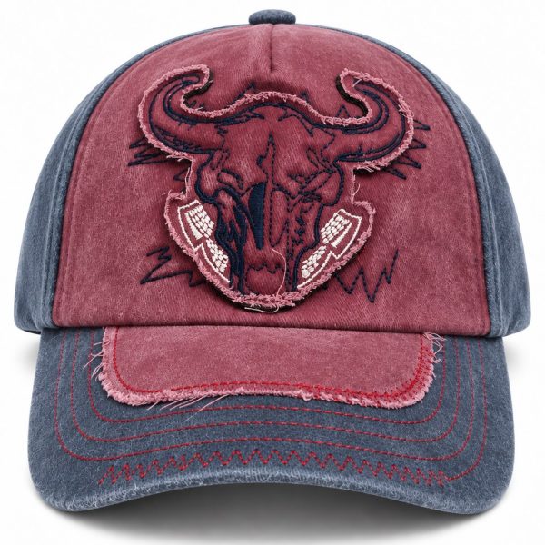 Bull Skull Embroidered Baseball Cap - Burgundy / Navy