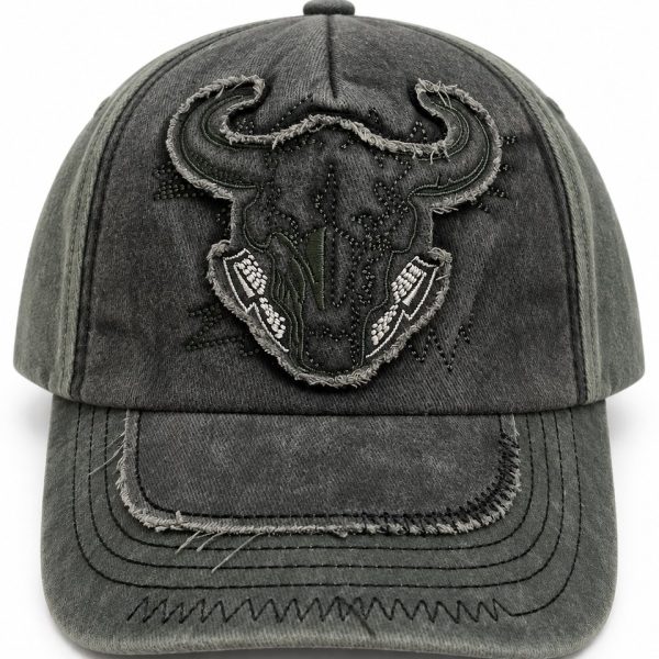 Bull Skull Embroidered Baseball Cap - Dark Olive