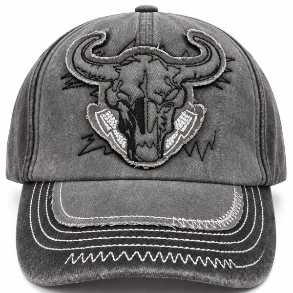 Bull Skull Embroidered Baseball Cap - Charcoal Grey