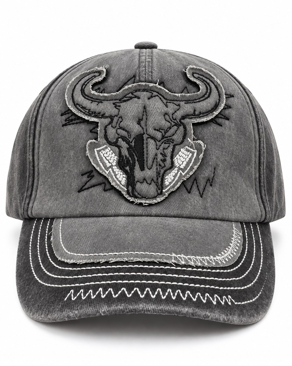 Bull Skull Embroidered Baseball Cap - Charcoal Grey