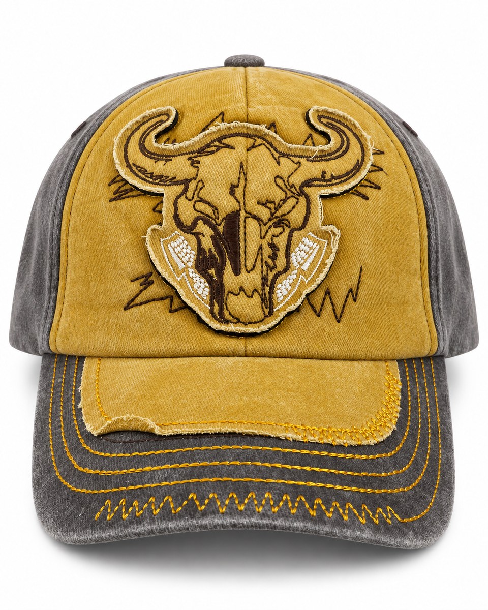 Bull Skull Embroidered Baseball Cap - Mustard / Charcoal