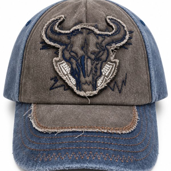 Bull Skull Embroidered Baseball Cap - Brown / Blue