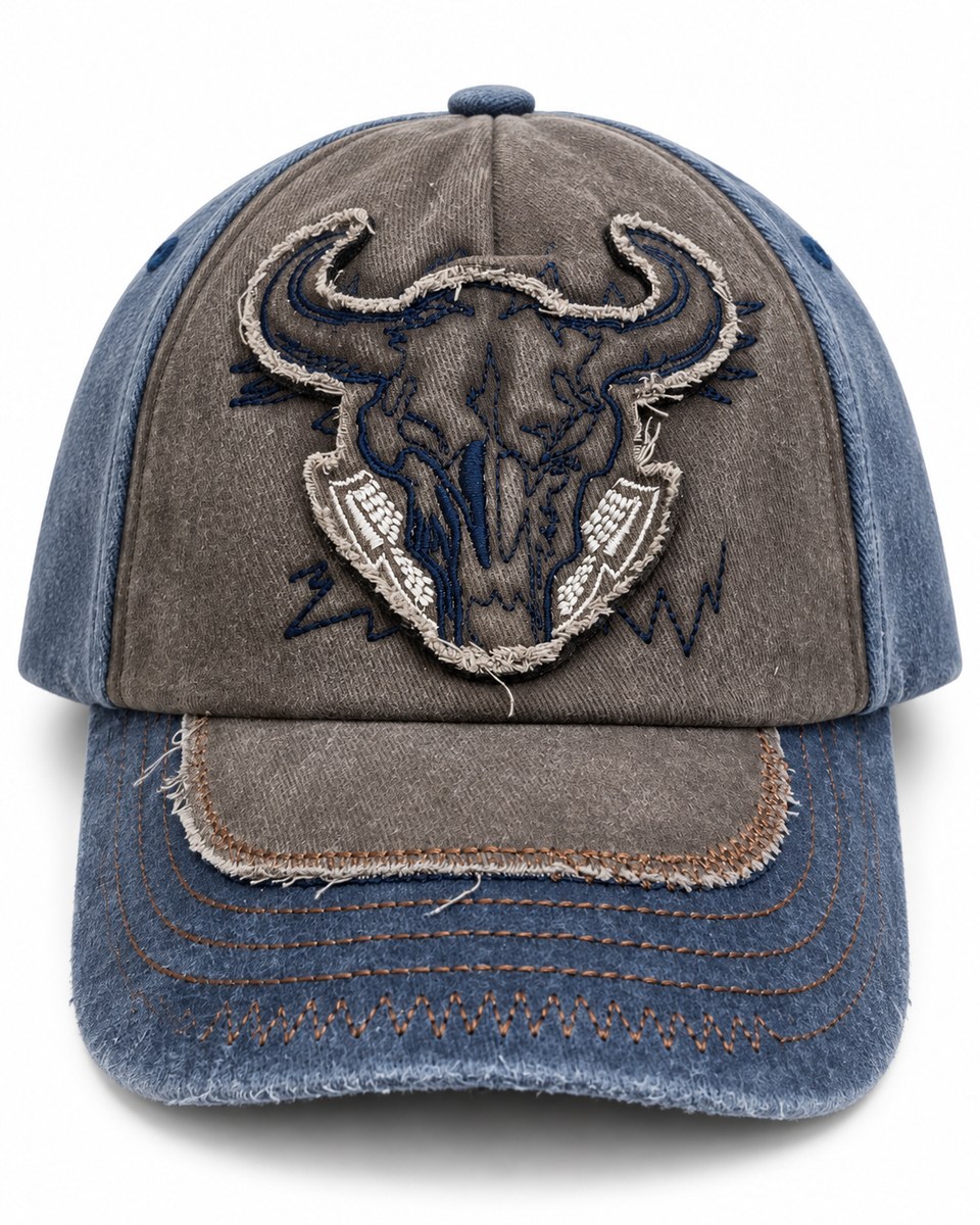Bull Skull Embroidered Baseball Cap - Brown / Blue