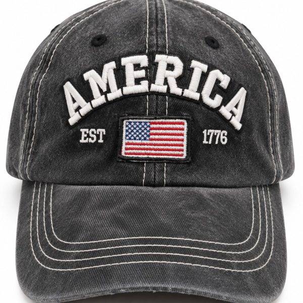 America Flag Embroidered Baseball Cap - Washed Black