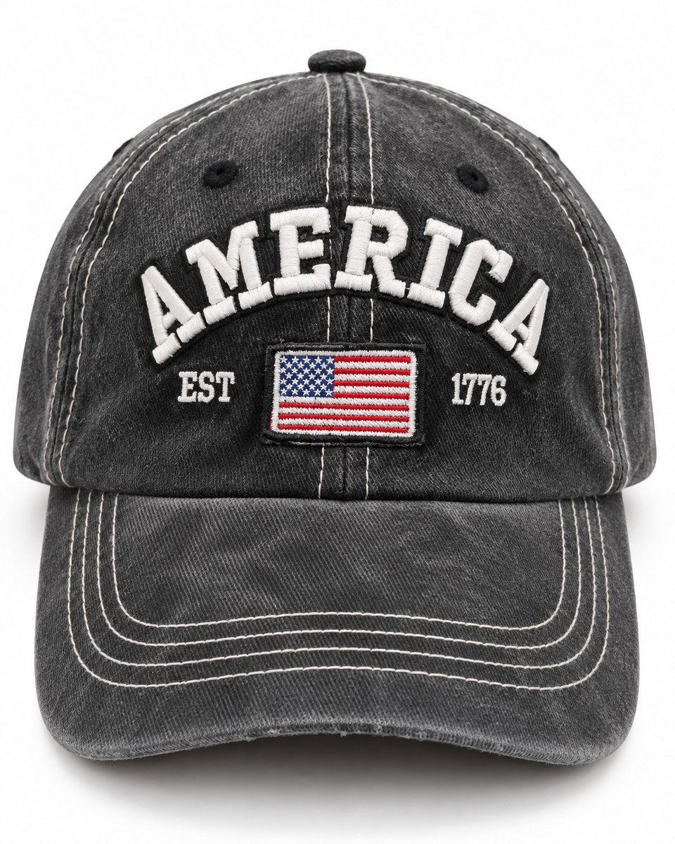 America Flag Embroidered Baseball Cap - Washed Black