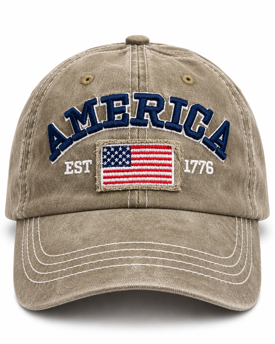 America Flag Embroidered Baseball Cap - Khaki