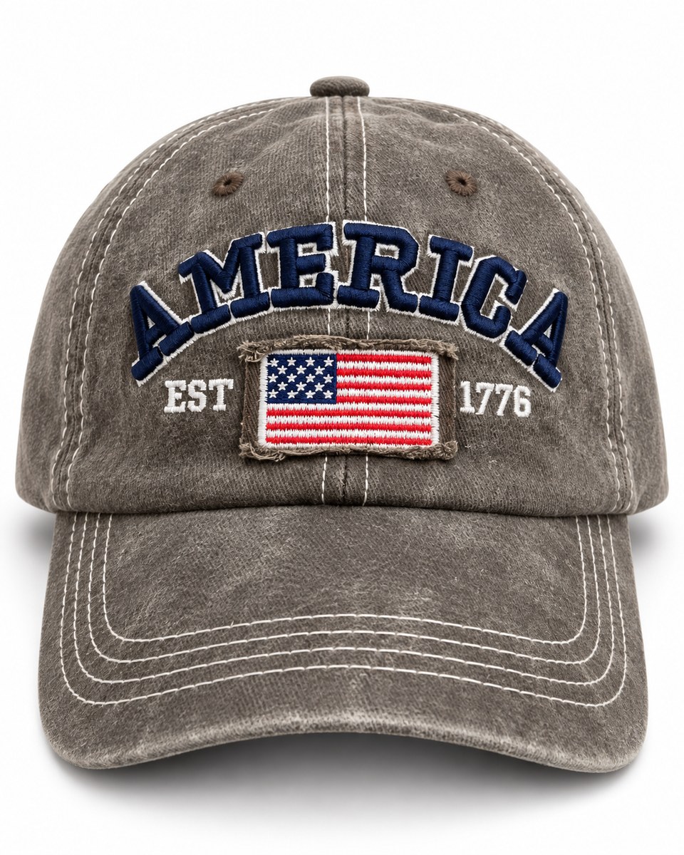 America Flag Embroidered Baseball Cap - Taupe Brown