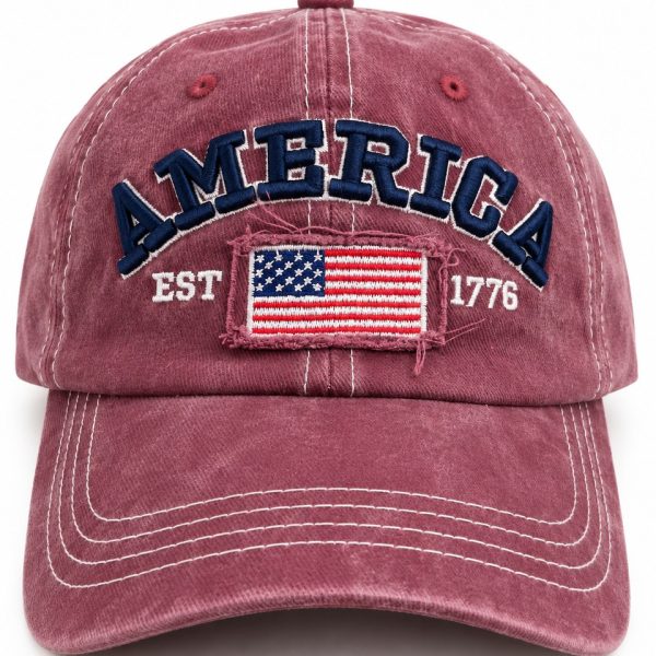 America Flag Embroidered Baseball Cap - Burgundy