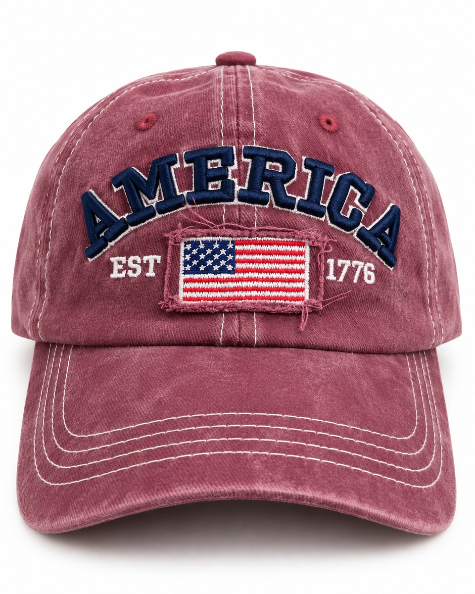 America Flag Embroidered Baseball Cap - Burgundy
