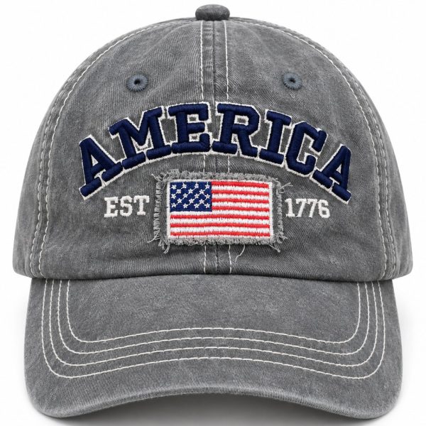 America Flag Embroidered Baseball Cap - Grey