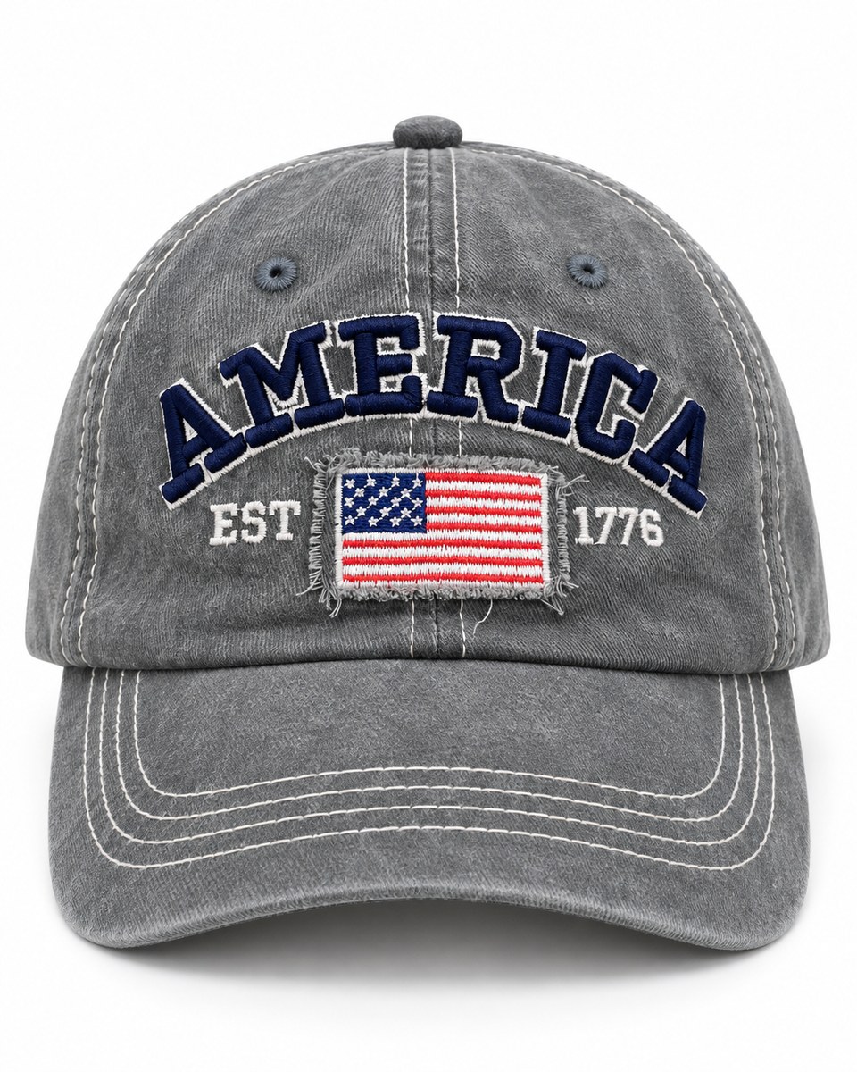 America Flag Embroidered Baseball Cap - Grey