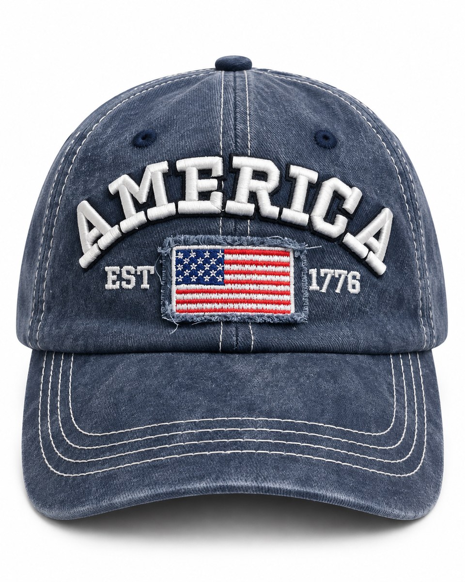America Flag Embroidered Baseball Cap - Navy Blue