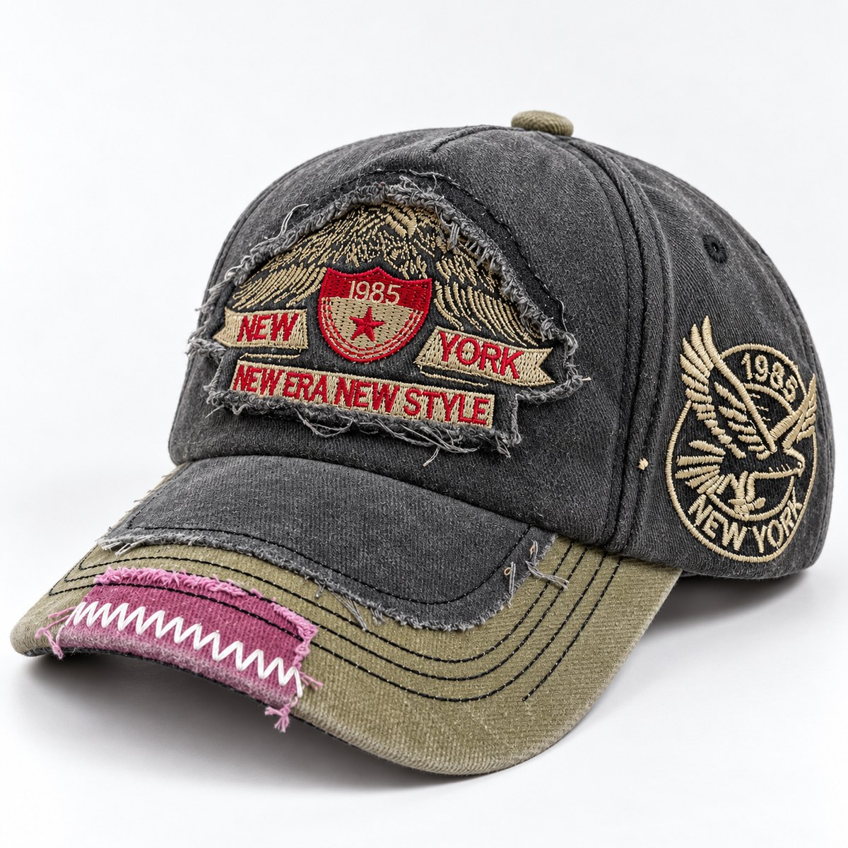 New York 1985 Crest Distressed Baseball Cap - Charcoal / Olive