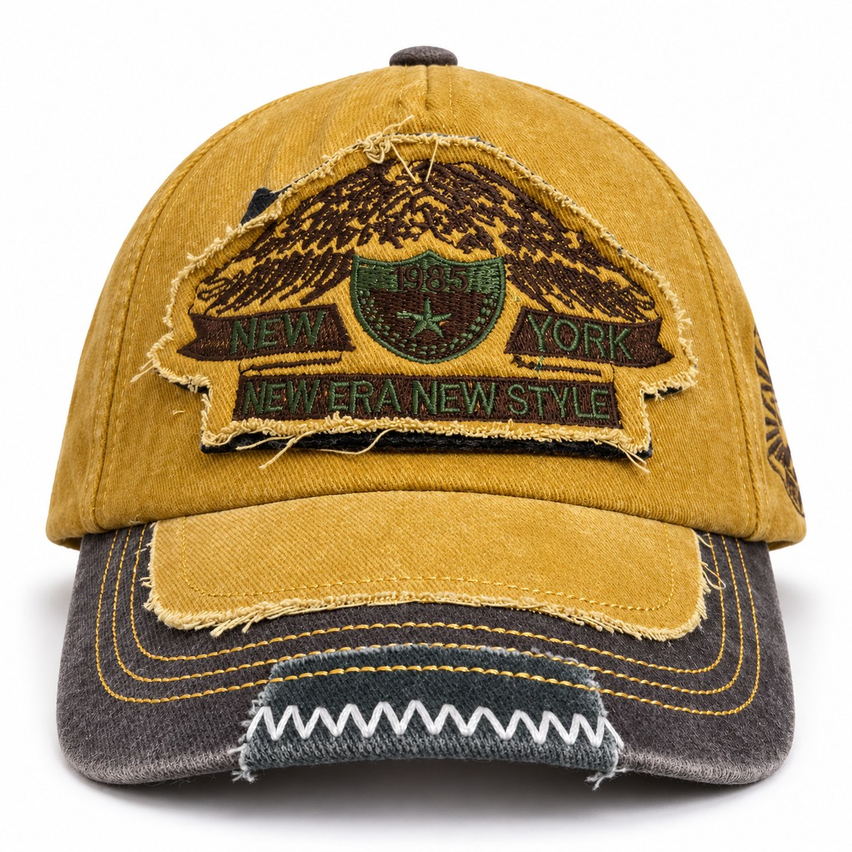 New York 1985 Crest Distressed Baseball Cap - Mustard / Charcoal - Image 4