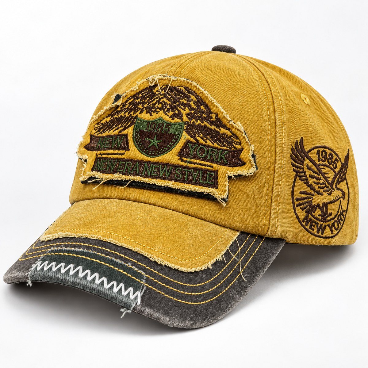 New York 1985 Crest Distressed Baseball Cap - Mustard / Charcoal - Image 3