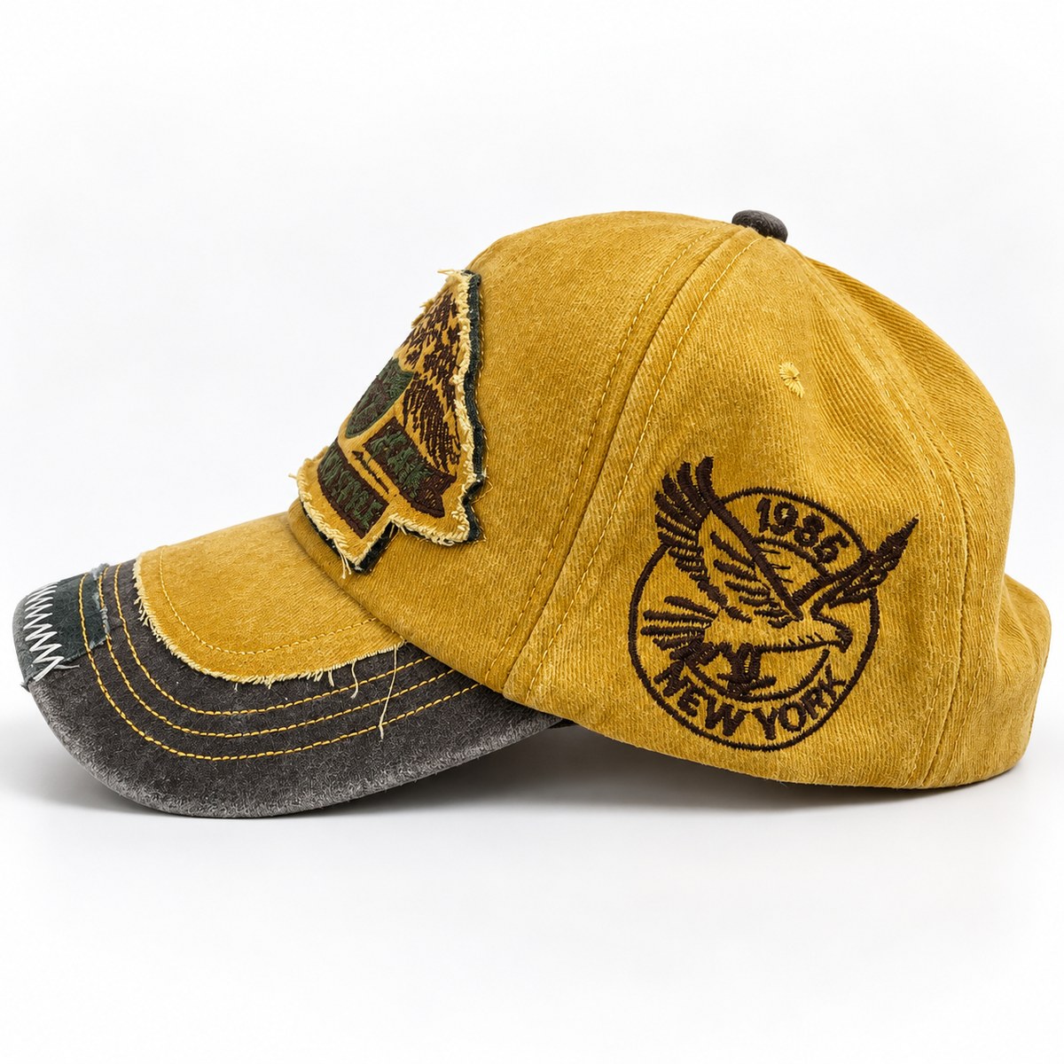 New York 1985 Crest Distressed Baseball Cap - Mustard / Charcoal - Image 2