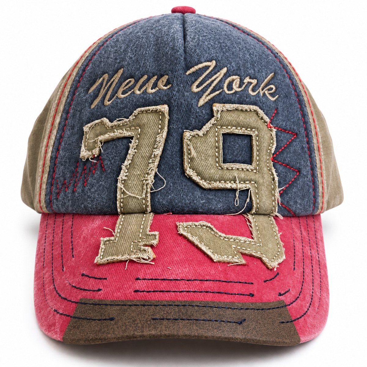 New York 79 Applique Baseball Cap - Navy / Red / Khaki