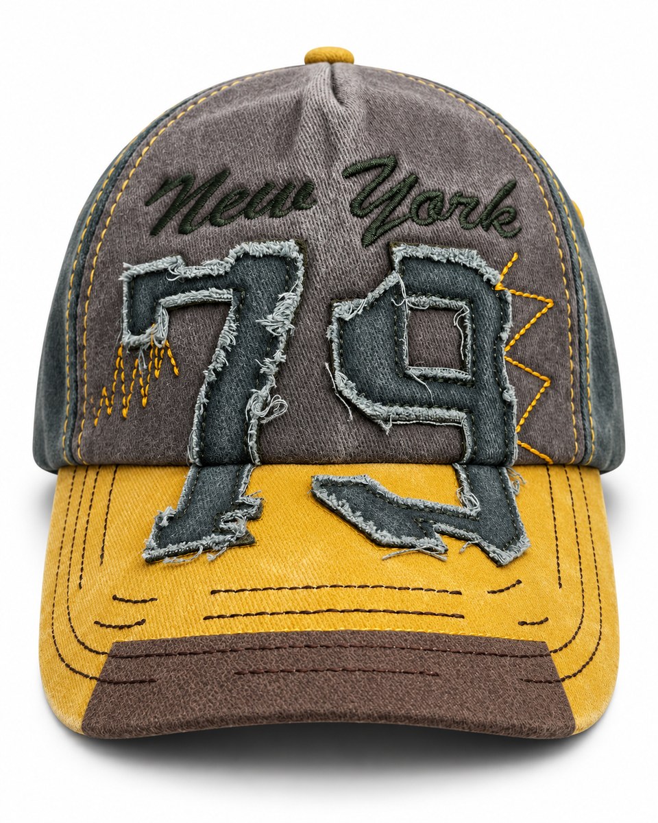 New York 79 Applique Baseball Cap - Grey / Mustard / Dark Green
