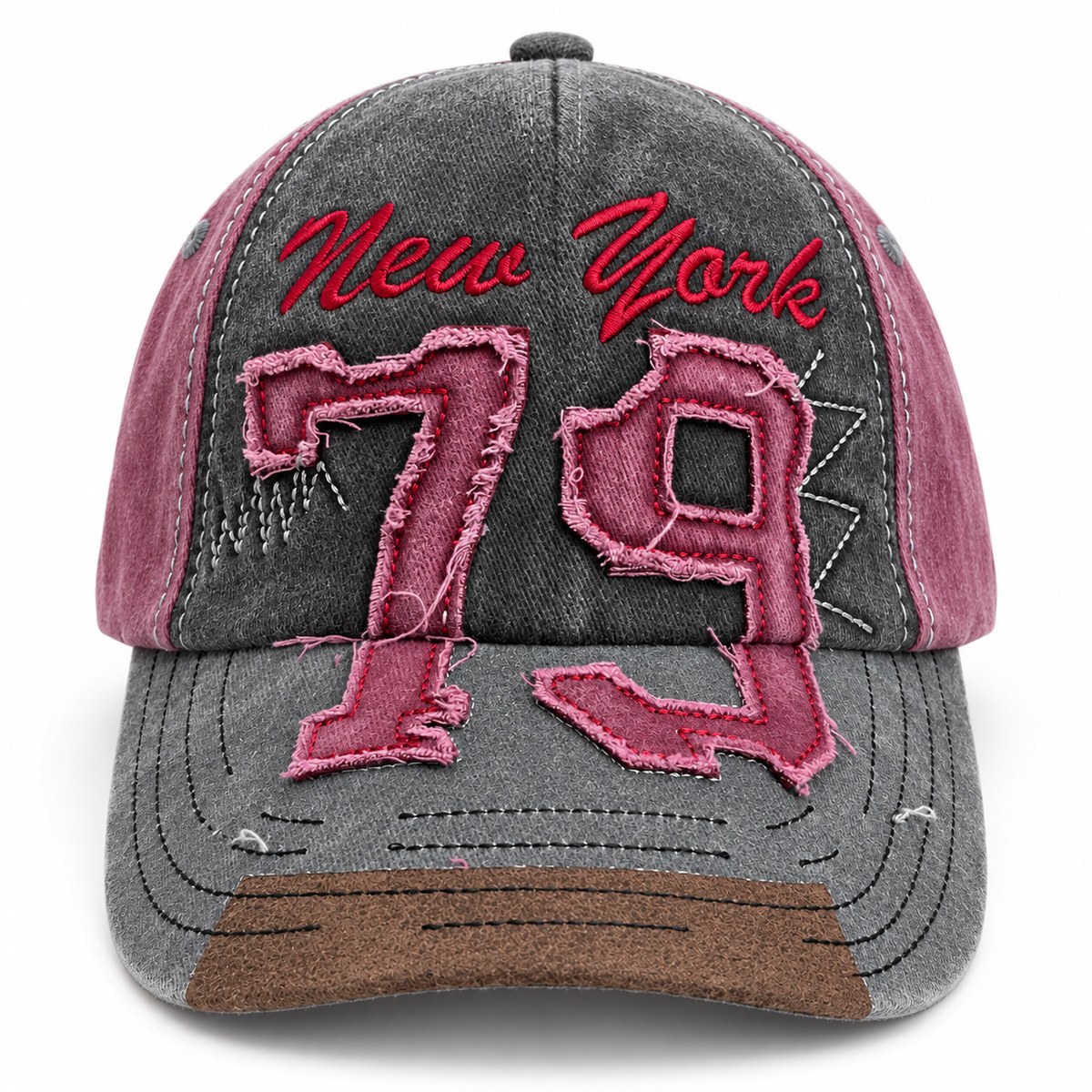 New York 79 Applique Baseball Cap - Charcoal / Burgundy