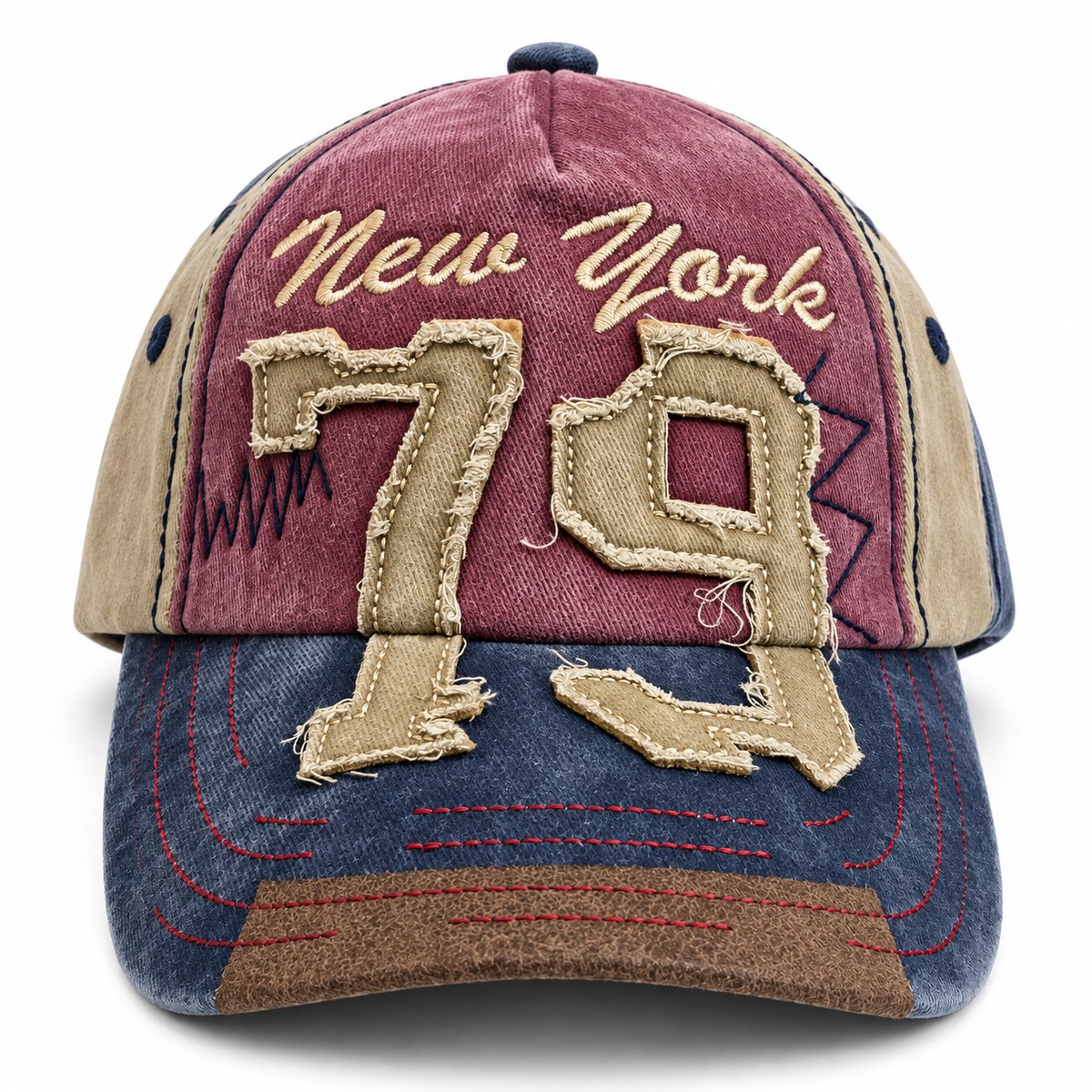 New York 79 Applique Baseball Cap - Burgundy / Navy / Khaki