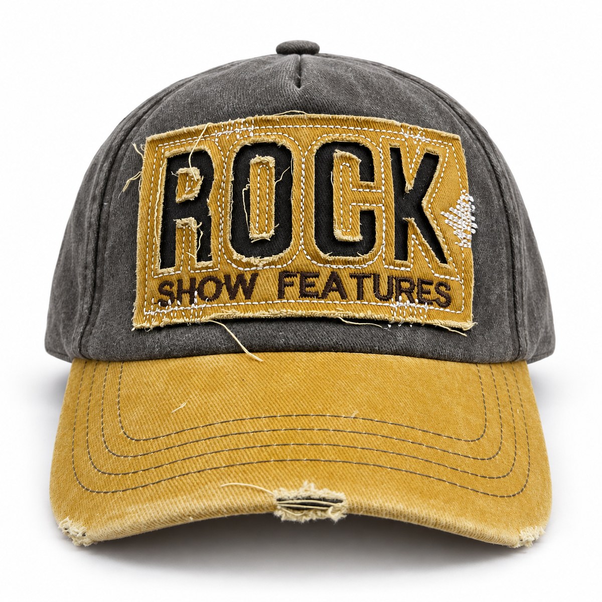 Rock Patch Distressed Baseball Cap - Charcoal / Mustard