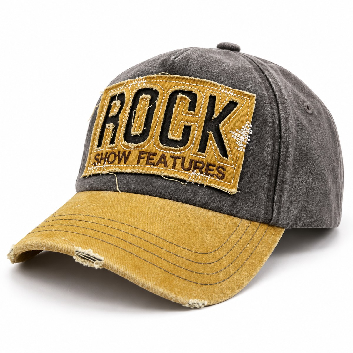 Rock Patch Distressed Baseball Cap - Charcoal / Mustard - Image 3