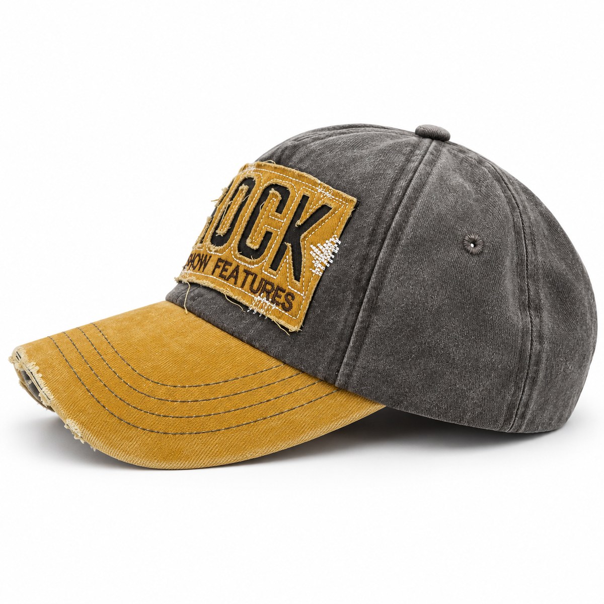 Rock Patch Distressed Baseball Cap - Charcoal / Mustard - Image 2