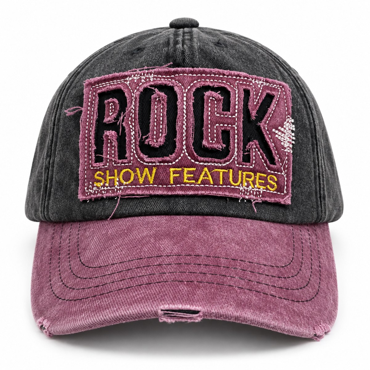 Rock Patch Distressed Baseball Cap - Charcoal / Burgundy