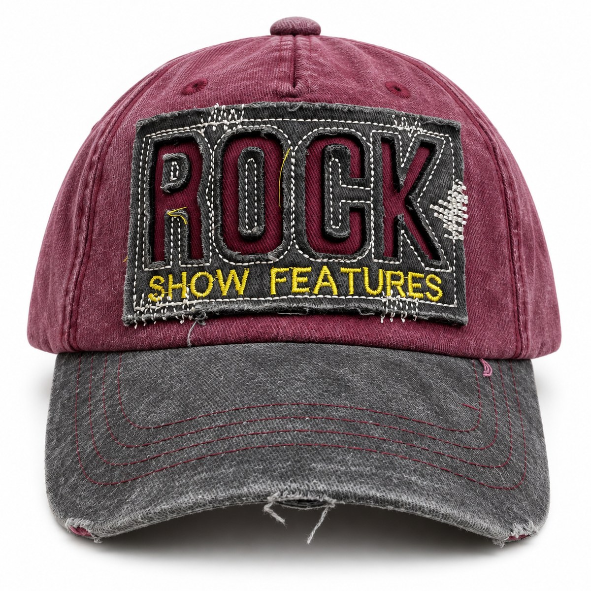 Rock Patch Distressed Baseball Cap - Burgundy / Charcoal