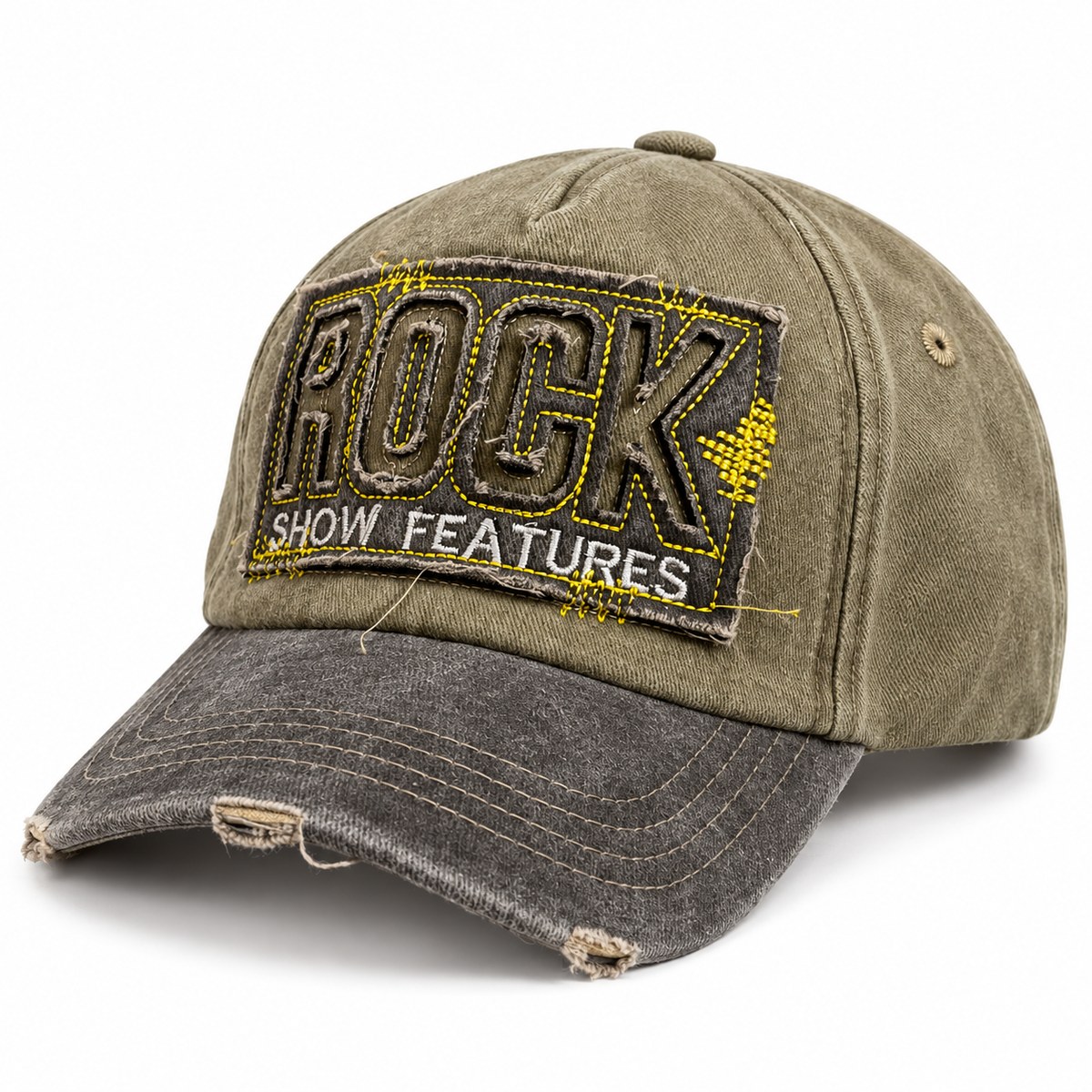 Rock Patch Distressed Baseball Cap - Khaki / Charcoal - Image 2