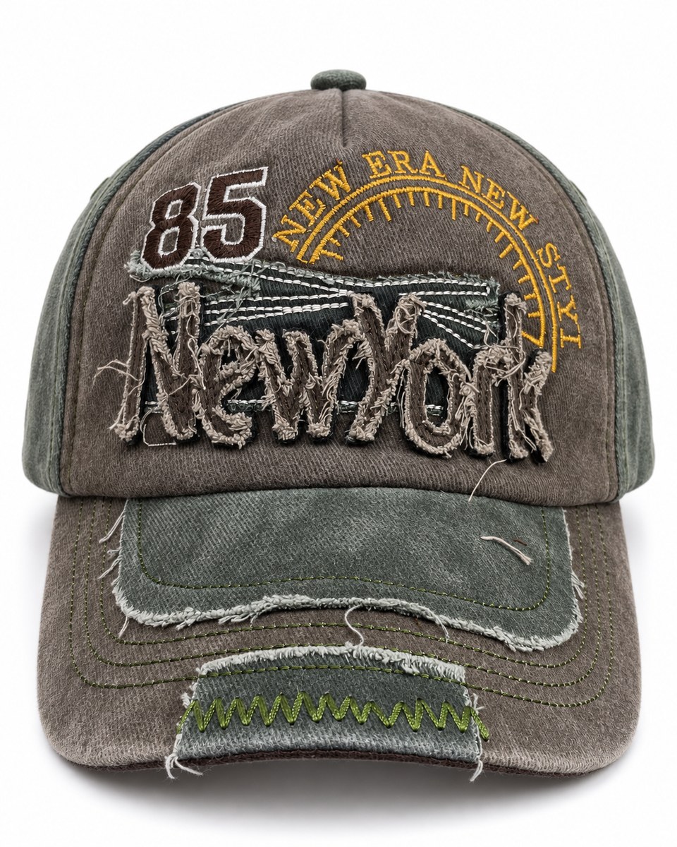 New York 85 Distressed Patchwork Baseball Cap - Brown / Dark Green
