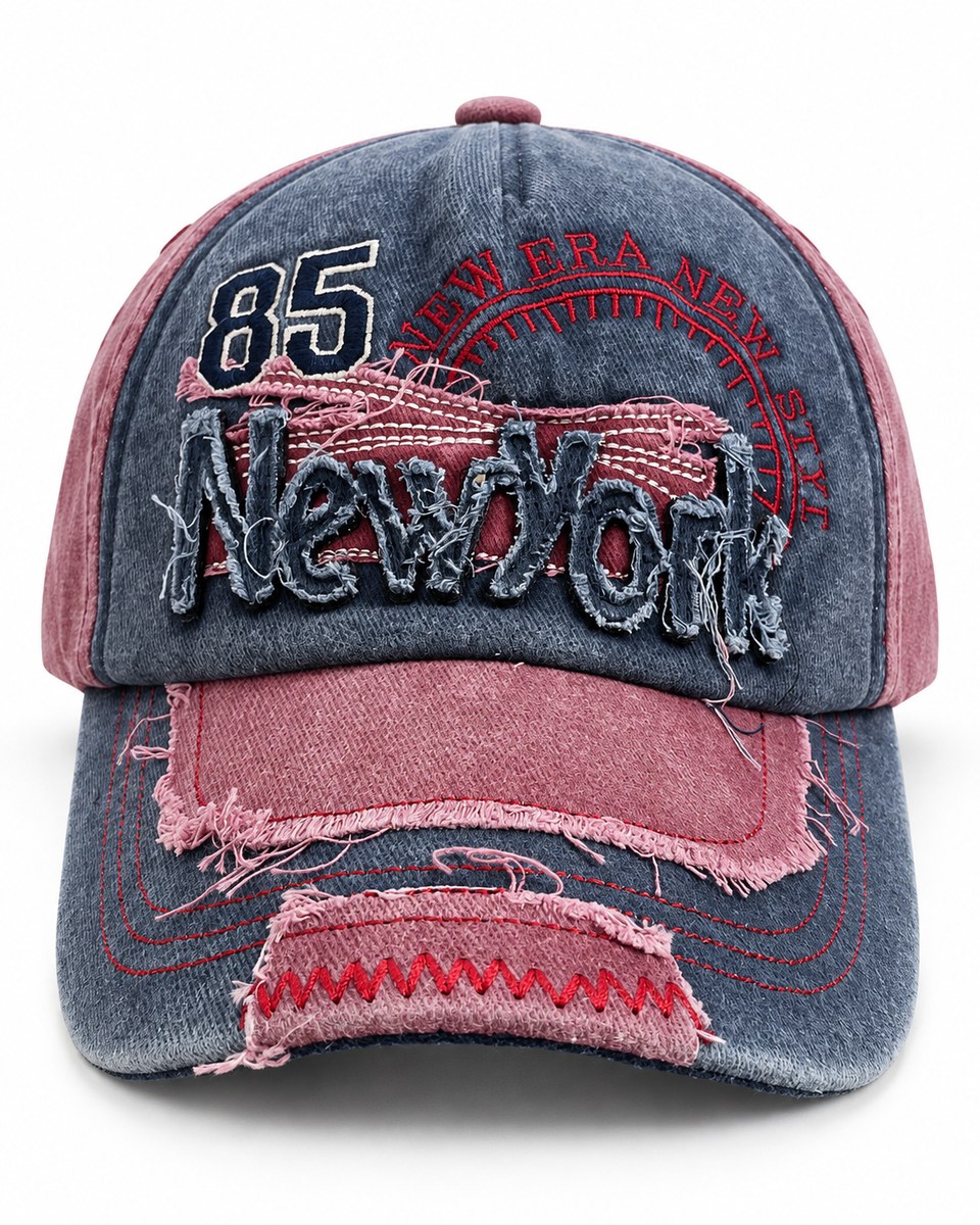 New York 85 Distressed Patchwork Baseball Cap - Navy / Burgundy